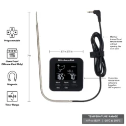 KitchenAid Programmable Wired Probe Kitchen Thermometer & Timer: Digital Food & Meat Thermometer, Black, -4 To 482°F