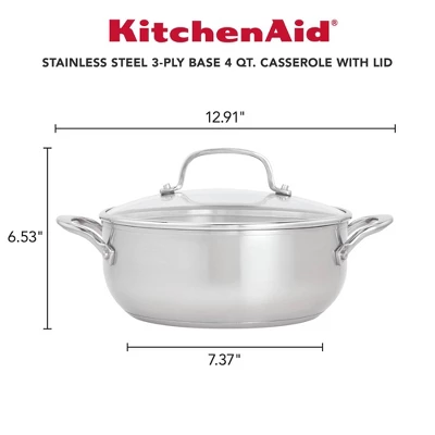 KitchenAid 3-Ply Base Stainless Steel 4qt Casserole With Lid: Round Baking Dish, Tempered Glass Lid, Dishwasher & Oven Safe 3 KitchenAid 3-Ply Base Stainless Steel 4qt Casserole With Lid: Round Baking Dish, Tempered Glass Lid, Dishwasher & Oven Safe