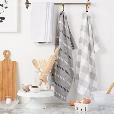 KitchenAid Stripe Gingham Dual Polyester Cotton Kitchen Towel 3-Pack Set, Matte Grey 3 KitchenAid Stripe Gingham Dual Polyester Cotton Kitchen Towel 3-Pack Set, Matte Grey