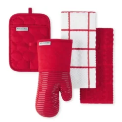KITCHENAID Quilted Cotton Terry Cloth Oven Mitt, Pot Holder, Kitchen Towel 4-Pack Set, Silicone Grip, Passion Red, 16"x26", 7"x13" & 7"x10" -KitchenAid GUEST 62a67868 e511 4695 9937 4efa47a8d56a