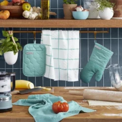 KITCHENAID Quilted Cotton Terry Cloth Oven Mitt, Pot Holder, Kitchen Towel 4-Pack Set, Silicone Grip, Aqua Sky, 16"x26", 7"x13" & 7"x10"