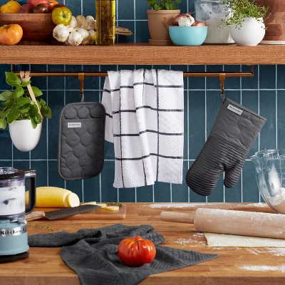 KITCHENAID Quilted Cotton Terry Cloth Oven Mitt, Pot Holder, Kitchen Towel 4-Pack Set, Silicone Grip, Charcoal Grey, 16"x26", 7"x13" & 7"x10" 4 KITCHENAID Quilted Cotton Terry Cloth Oven Mitt, Pot Holder, Kitchen Towel 4-Pack Set, Silicone Grip, Charcoal Grey, 16"x26", 7"x13" & 7"x10" - Image 2