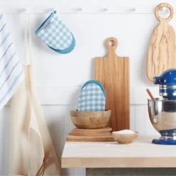 KitchenAid 2pk Cotton Gingham Mini Oven Mitts Light Blue: Hot Pads & Oven Mitts, Classic Pattern, Machine Washable