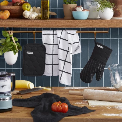 KITCHENAID Quilted Cotton Terry Cloth Oven Mitt, Pot Holder, Kitchen Towel 4-Pack Set, Silicone Grip, Matte Black, 16"x26", 7"x13" & 7"x10" 3 KITCHENAID Quilted Cotton Terry Cloth Oven Mitt, Pot Holder, Kitchen Towel 4-Pack Set, Silicone Grip, Matte Black, 16"x26", 7"x13" & 7"x10"