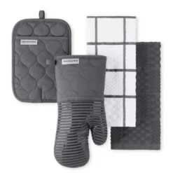 KITCHENAID Quilted Cotton Terry Cloth Oven Mitt, Pot Holder, Kitchen Towel 4-Pack Set, Silicone Grip, Charcoal Grey, 16"x26", 7"x13" & 7"x10"