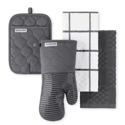 KITCHENAID Quilted Cotton Terry Cloth Oven Mitt, Pot Holder, Kitchen Towel 4-Pack Set, Silicone Grip, Charcoal Grey, 16"x26", 7"x13" & 7"x10" 3 KITCHENAID Quilted Cotton Terry Cloth Oven Mitt, Pot Holder, Kitchen Towel 4-Pack Set, Silicone Grip, Charcoal Grey, 16"x26", 7"x13" & 7"x10"