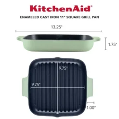KitchenAid 11" Enameled Cast Iron Square Grill And Roasting Pan - Pistachio: Hand Wash, Electric & Gas Compatible