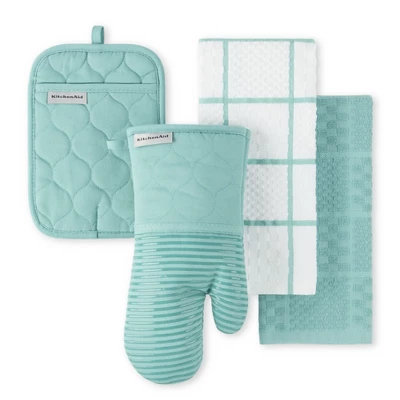 KITCHENAID Quilted Cotton Terry Cloth Oven Mitt, Pot Holder, Kitchen Towel 4-Pack Set, Silicone Grip, Aqua Sky, 16"x26", 7"x13" & 7"x10" 5 KITCHENAID Quilted Cotton Terry Cloth Oven Mitt, Pot Holder, Kitchen Towel 4-Pack Set, Silicone Grip, Aqua Sky, 16"x26", 7"x13" & 7"x10" - Image 3