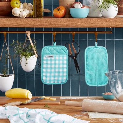 KitchenAid Gingham Pot Holder 2-Pack Set, Aqua Sky, 7"x10" 4 KitchenAid Gingham Pot Holder 2-Pack Set, Aqua Sky, 7"x10" - Image 2