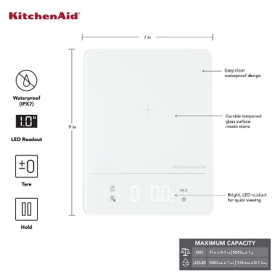 KitchenAid 11lb Waterproof Kitchen Digital Food Scale White: LED Display, Battery Powered, Coffee & Food Weight Scale 3 KitchenAid 11lb Waterproof Kitchen Digital Food Scale White: LED Display, Battery Powered, Coffee & Food Weight Scale